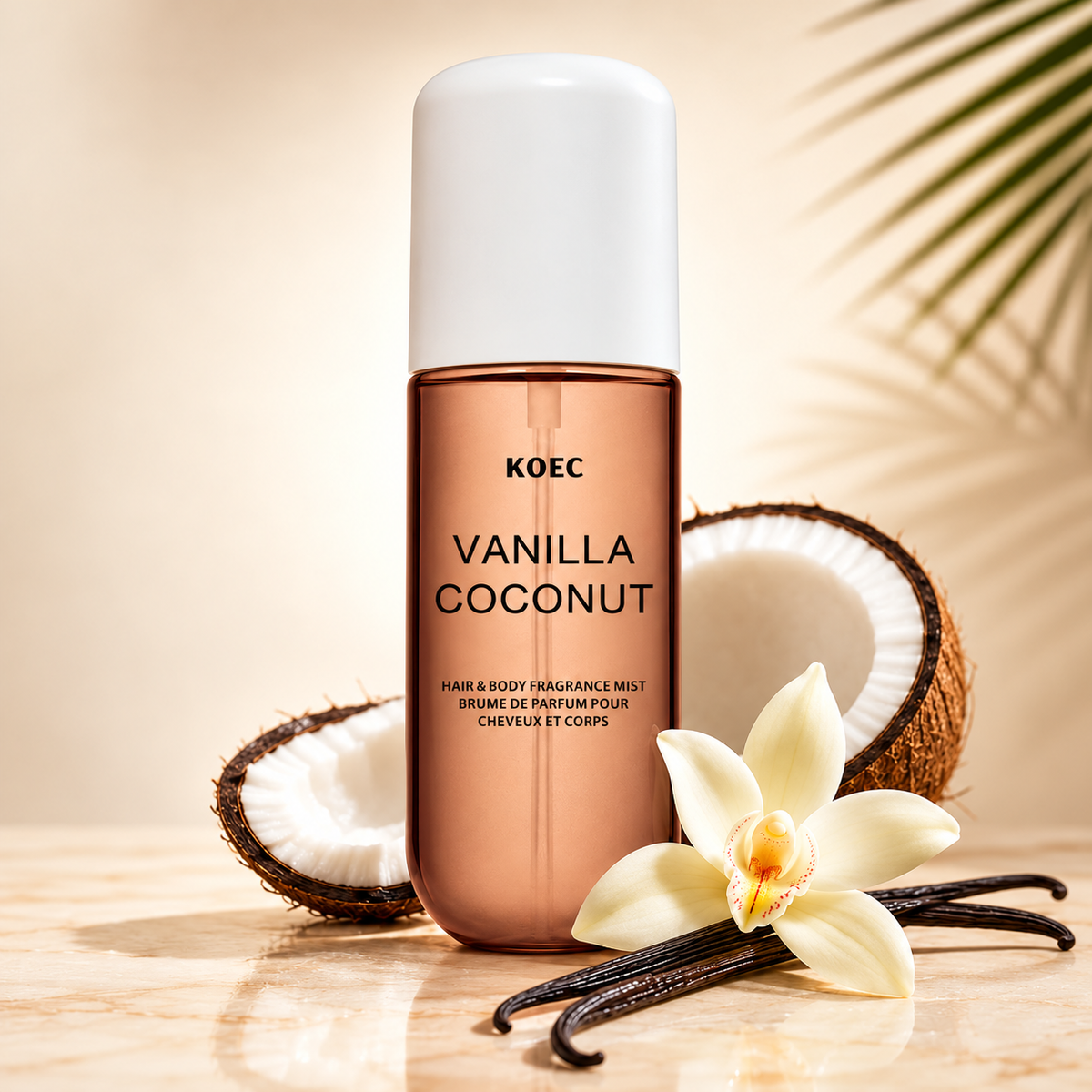 KOEC Vanilla Coconut Hair and Body Fragrance Mist with coconut and vanilla props, without headline overlays