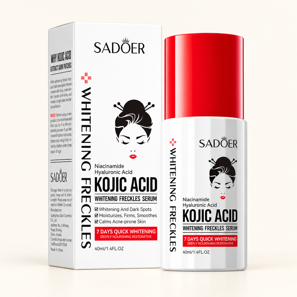 SADOER Kojic Acid Whitening Freckles Serum packaging detail