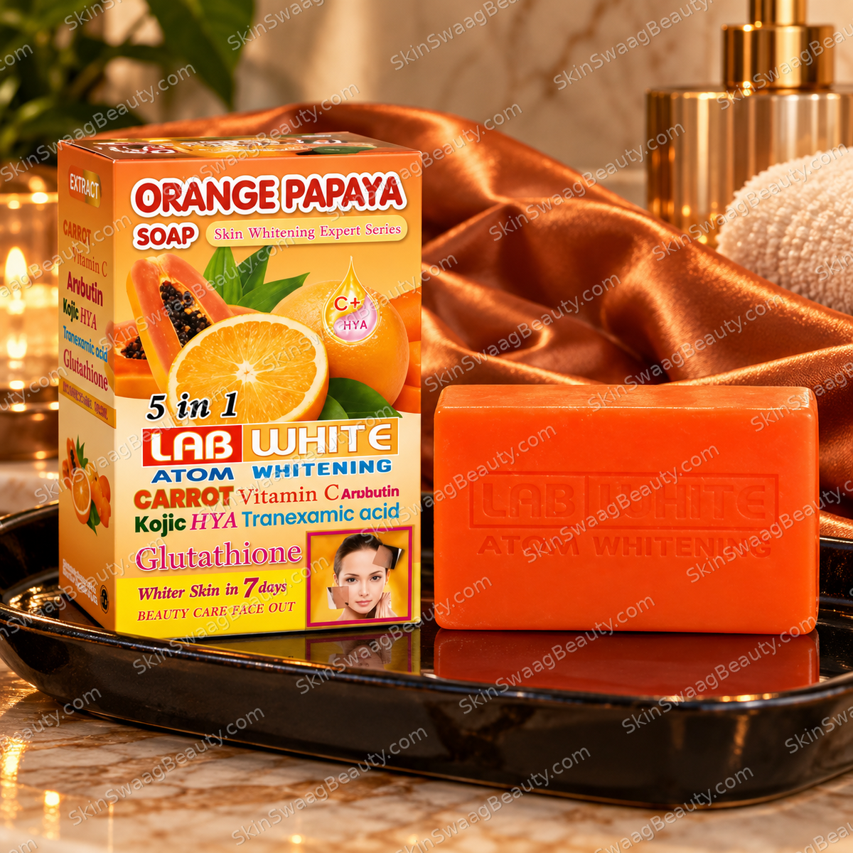 LAB WHITE Orange Papaya soap still life; SkinSwaagBeauty.com watermark.