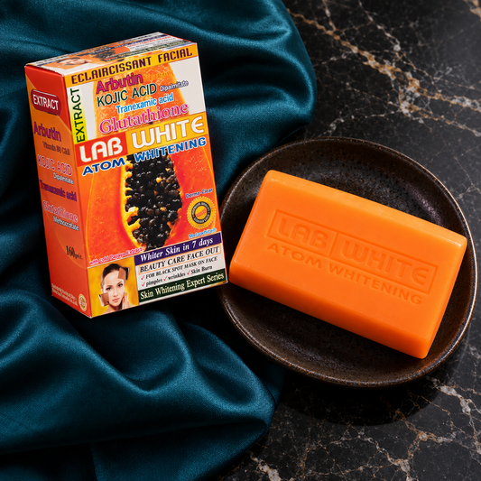 LAB WHITE Papaya soap product still life; SkinSwaagBeauty.com watermark.