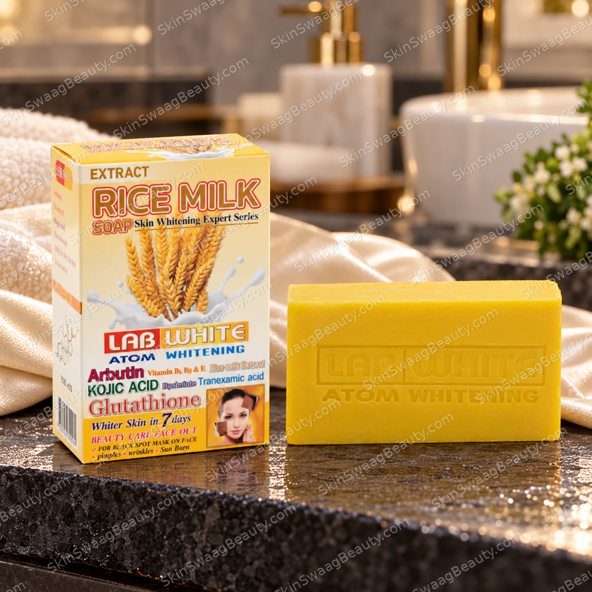 LAB WHITE Rice Milk soap and carton; SkinSwaagBeauty.com watermark.