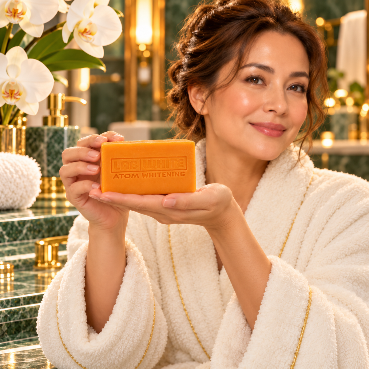 Model presenting LAB WHITE Egg Yolk Soap bar