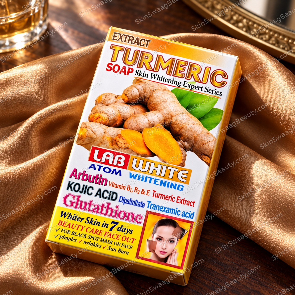 LAB WHITE Turmeric Soap — closed carton product photograph; SkinSwaagBeauty.com watermark.