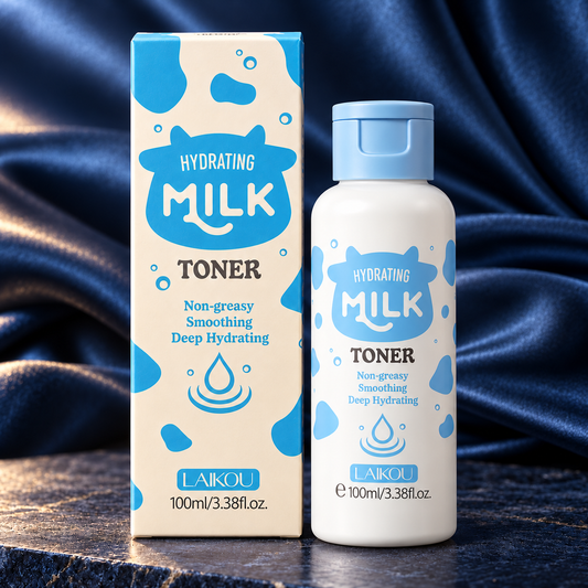 LAIKOU Hydrating Milk Toner — 100 ml blue-cap bottle beside matching blue-and-white carton