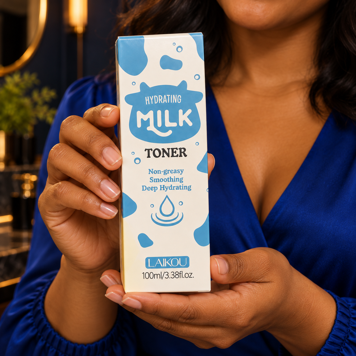 Close handheld front-label detail of the closed LAIKOU Hydrating Milk Toner 100 ml carton, shown by the same adult woman