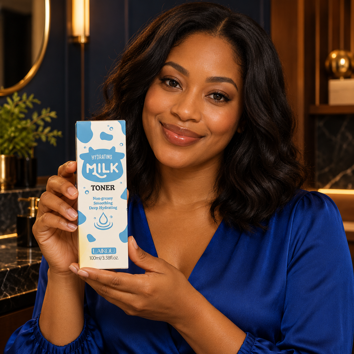 Adult woman presenting the closed LAIKOU Hydrating Milk Toner 100 ml carton toward the viewer