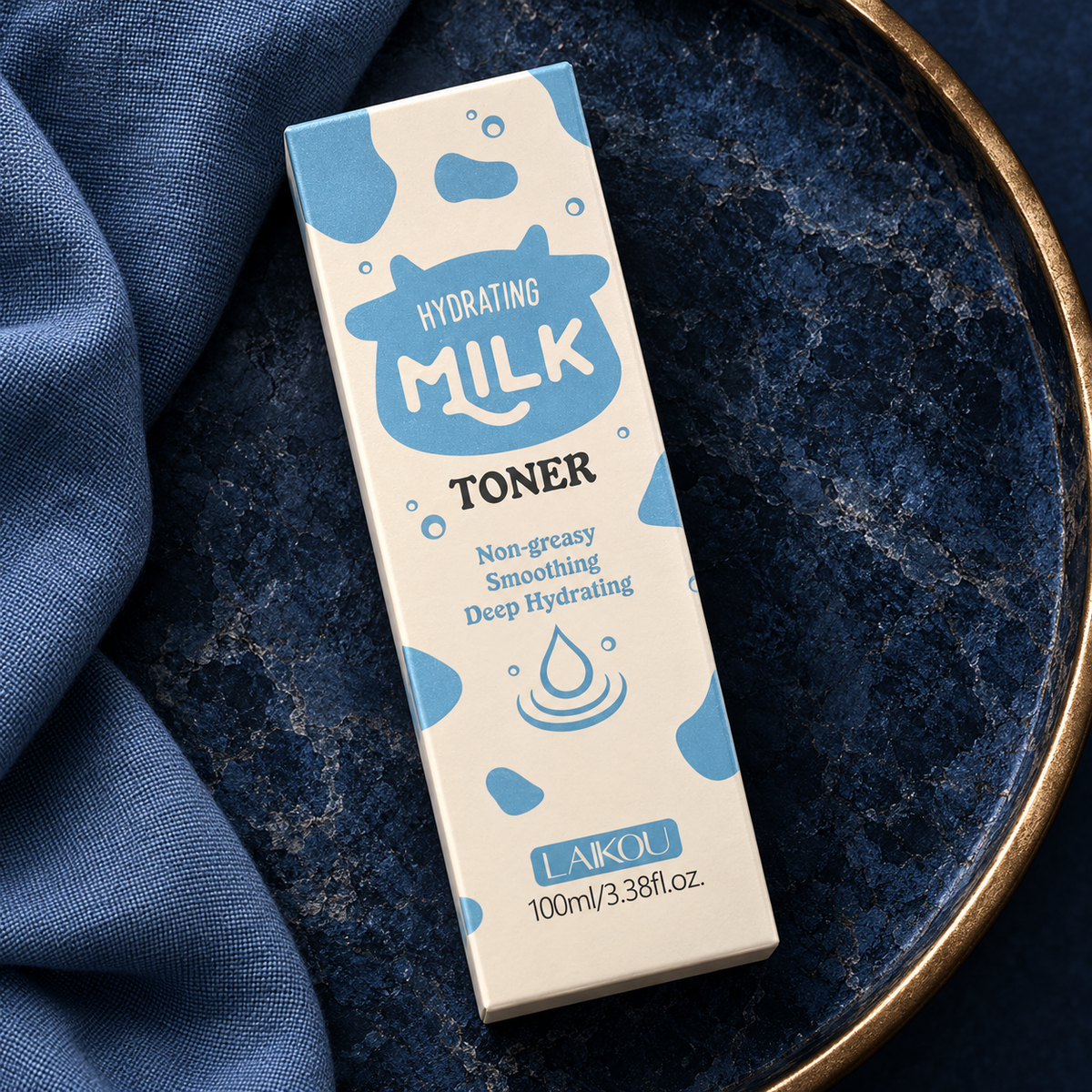 Single closed LAIKOU Hydrating Milk Toner 100 ml carton in a top-down navy flatlay