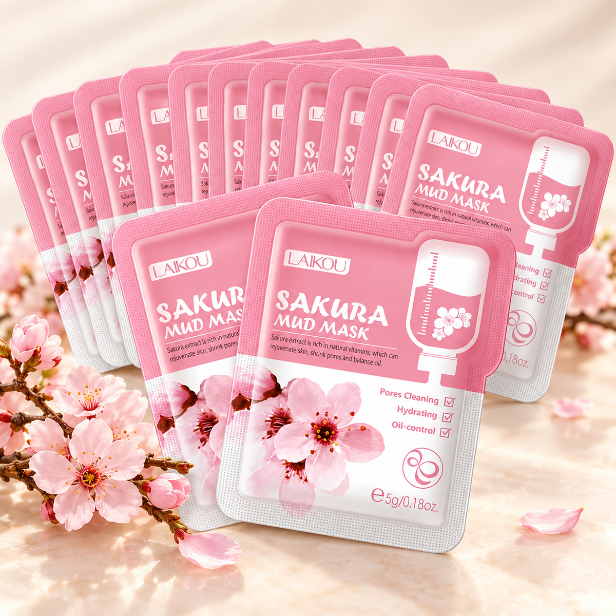 LAIKOU Sakura mud mask sachets with cherry blossoms