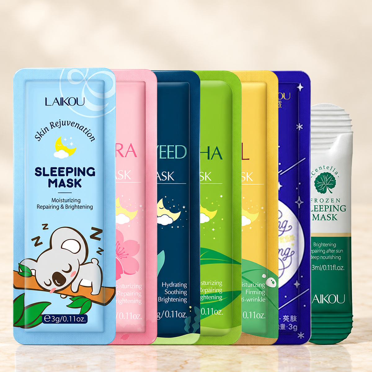 LAIKOU seven sleeping mask sachets, exact original assorted packaging