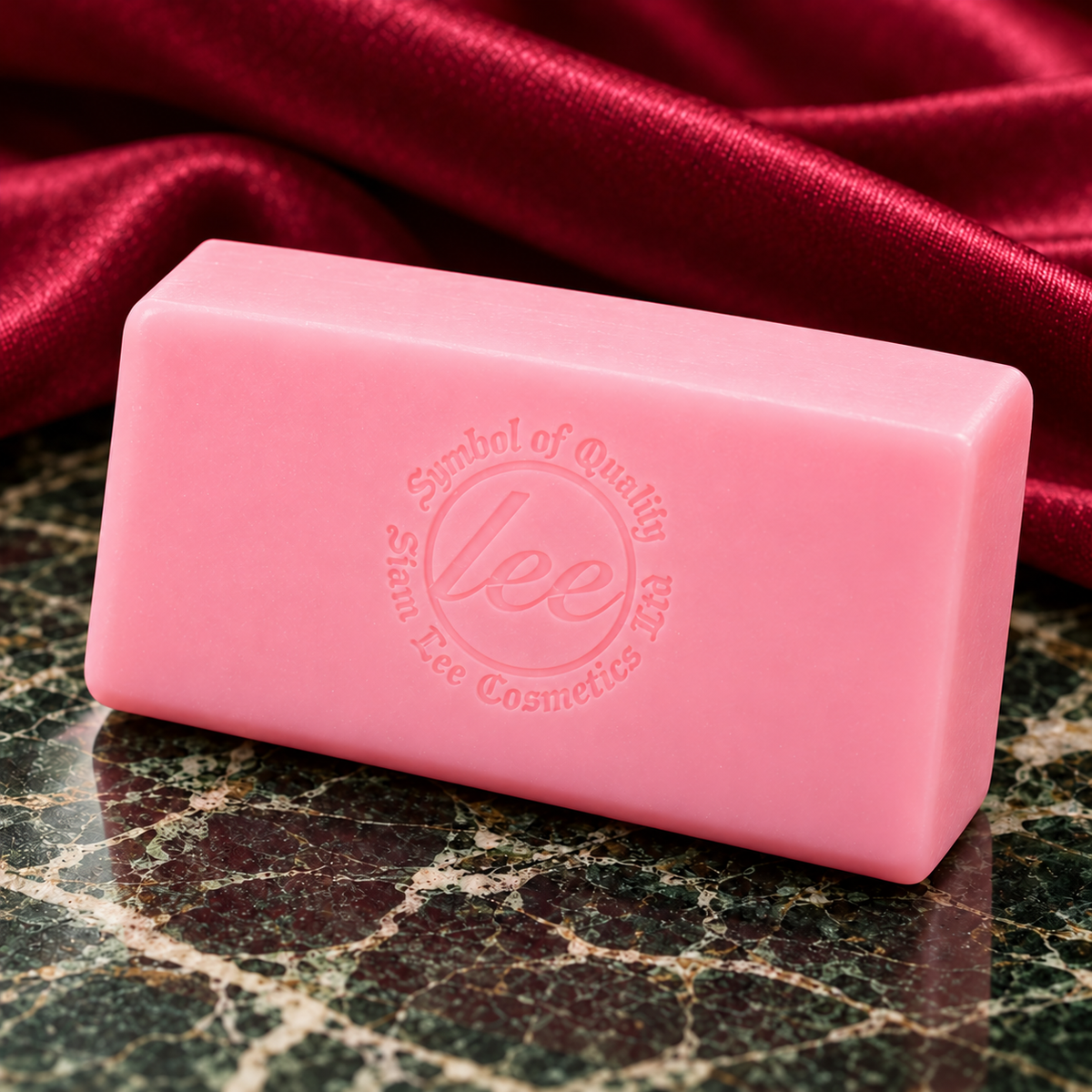 Lee Mixed Fruit Kojic Soap — close view of the pink rectangular bar and circular Lee embossing
