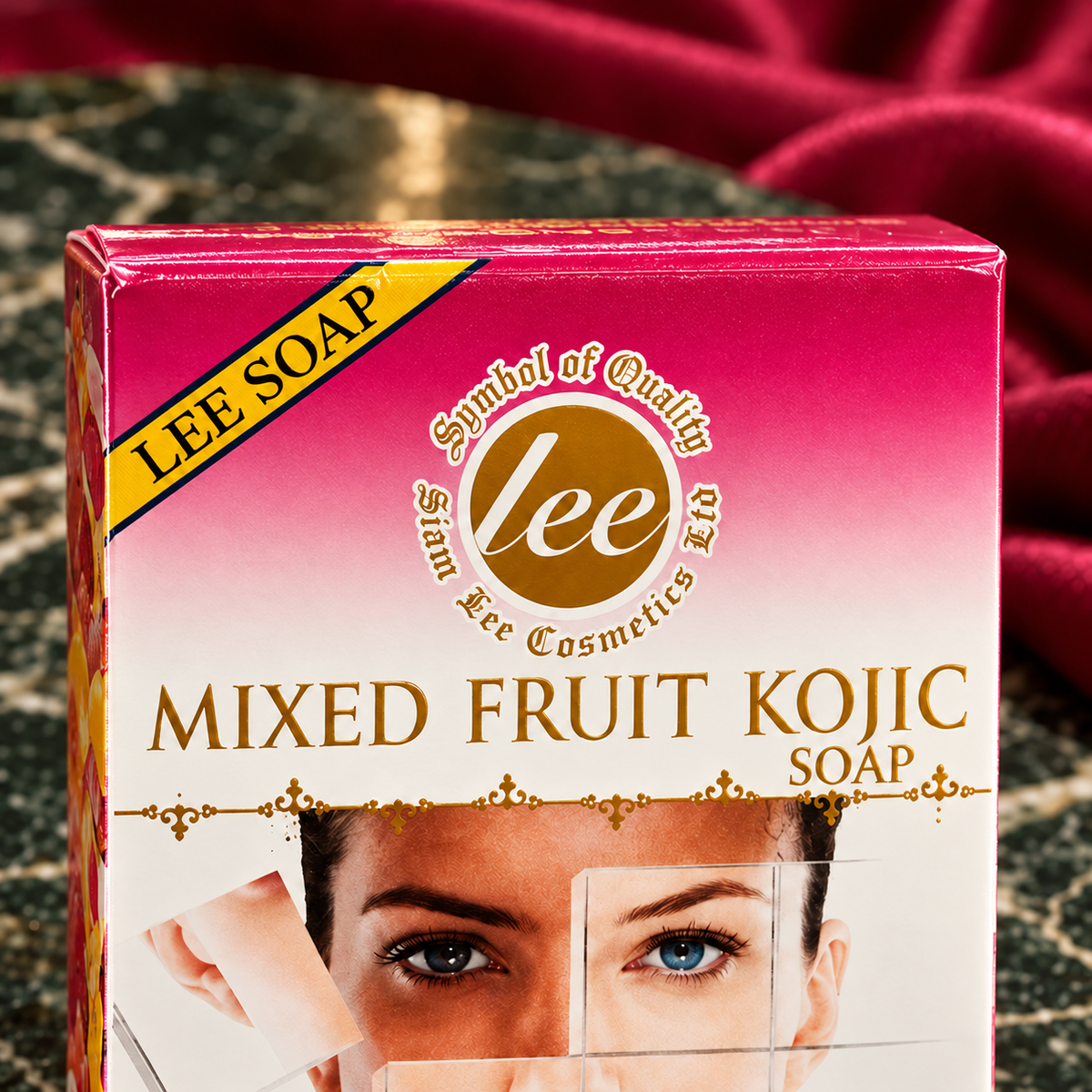 Lee Mixed Fruit Kojic Soap — close detail of the carton brand seal and product name