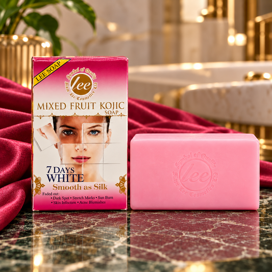 Lee Mixed Fruit Kojic Soap carton beside its pink rectangular Lee-embossed bar