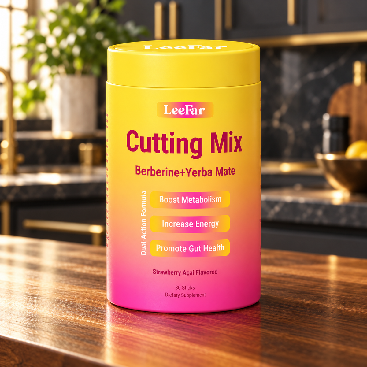 LeeFar Cutting Mix Strawberry Açaí 30-stick closed package — front label detail on walnut