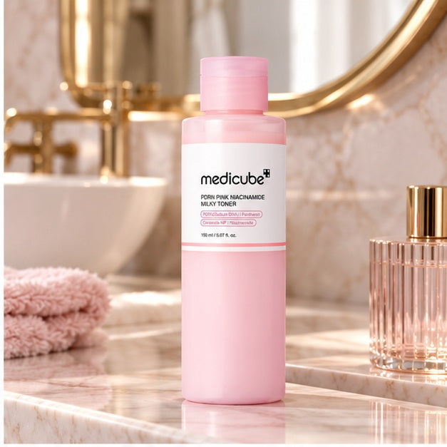 Medicube PDRN Pink Niacinamide Milky Toner — 150 ml — bathroom product scene