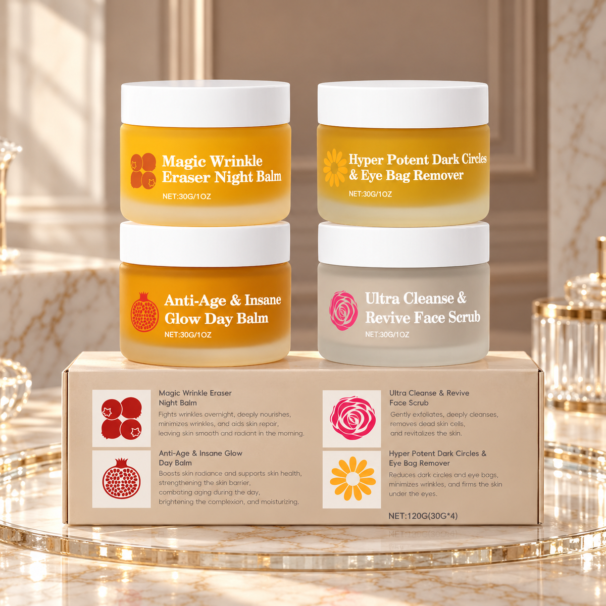 Four-piece day and night facial-care set with four 30 g jars and carton