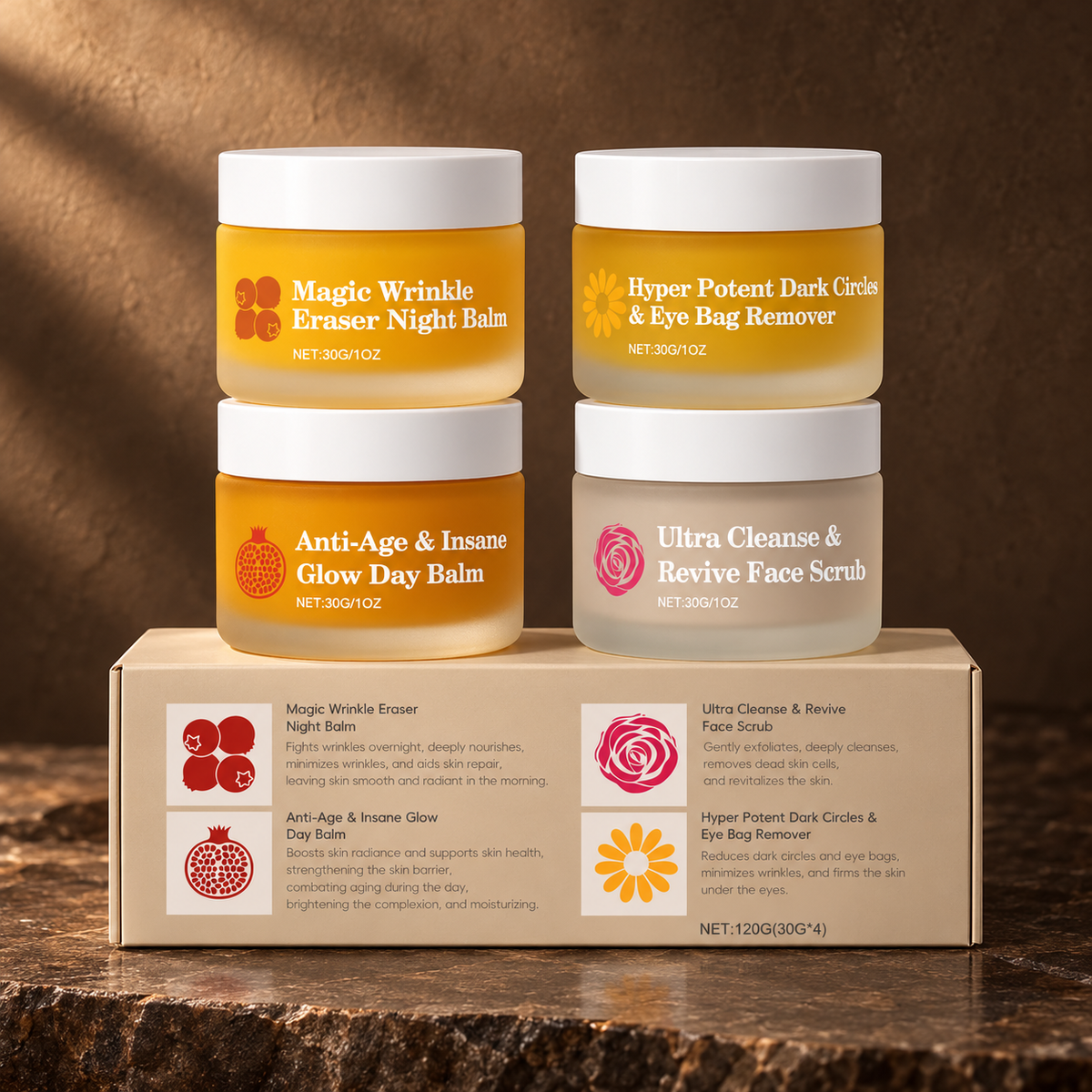 Four closed 30 g jars and matching carton, styled on dark stone; packaging based on the matching catalogue reference.