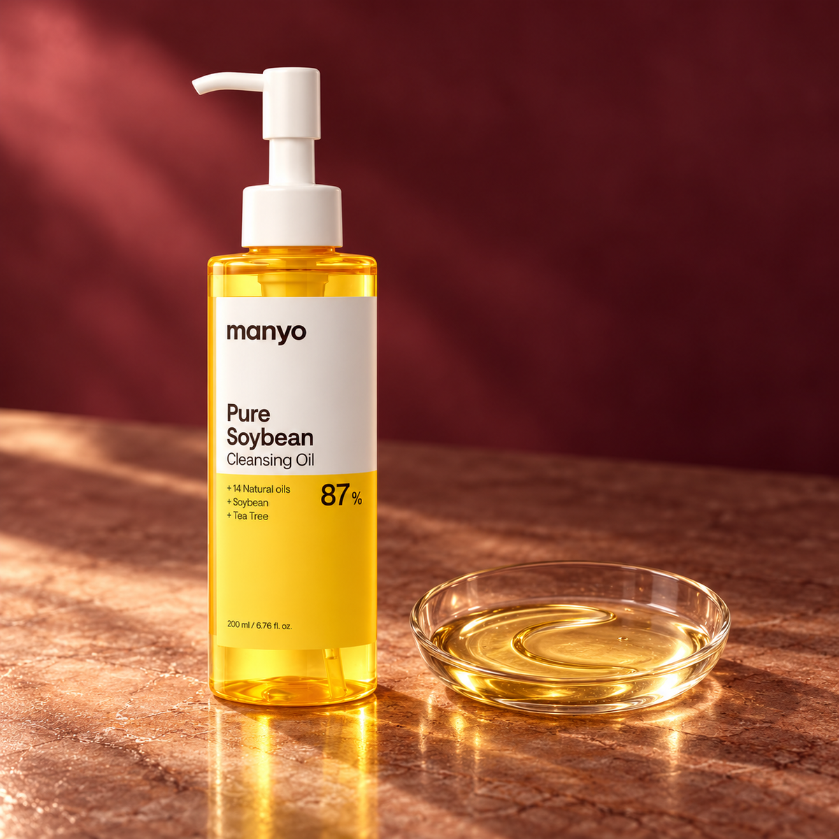 ma:nyo Pure Soybean Cleansing Oil 200 ml with golden oil texture in an original setting