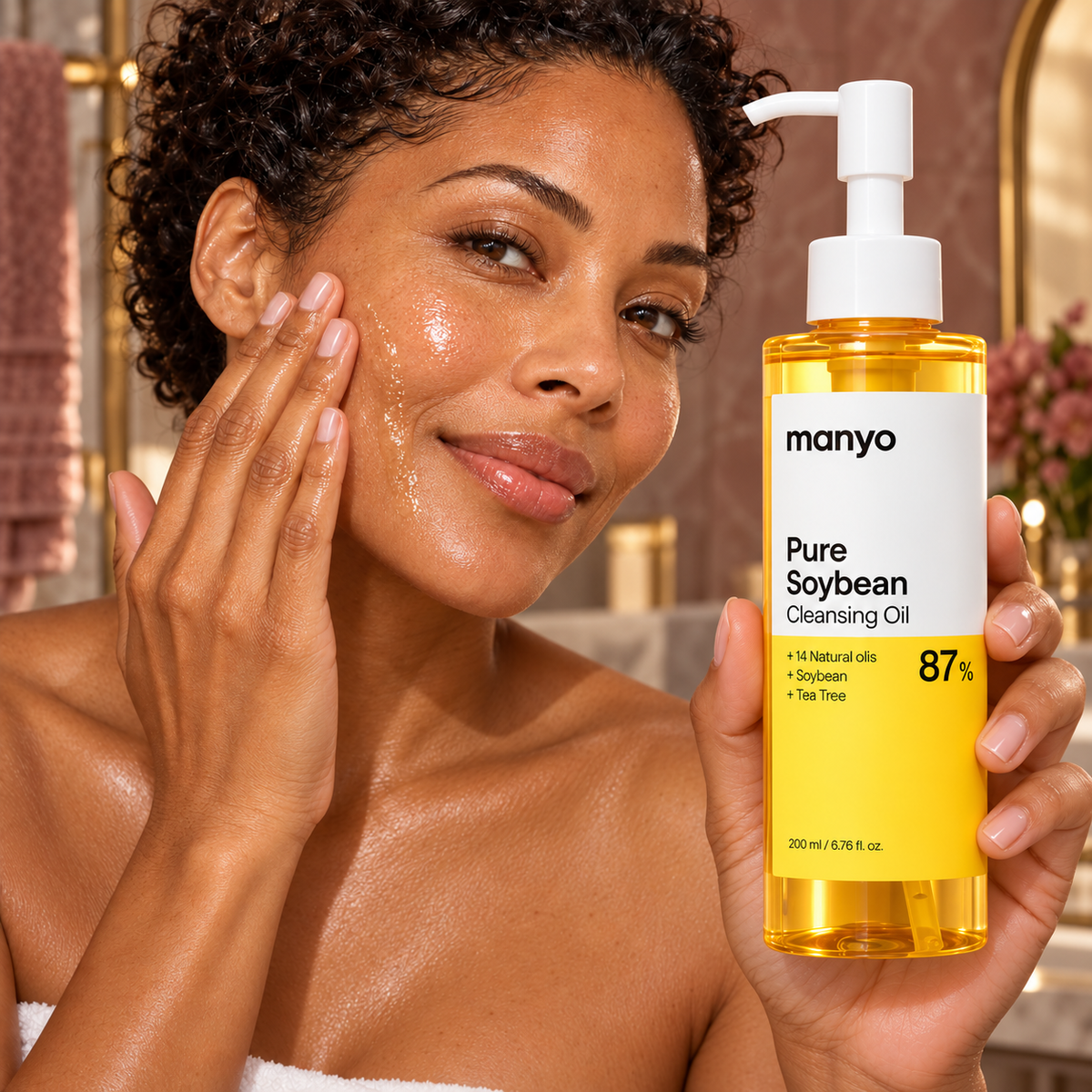 Original mid-thirties model applying ma:nyo Pure Soybean Cleansing Oil with a clear front-facing 200 ml label
