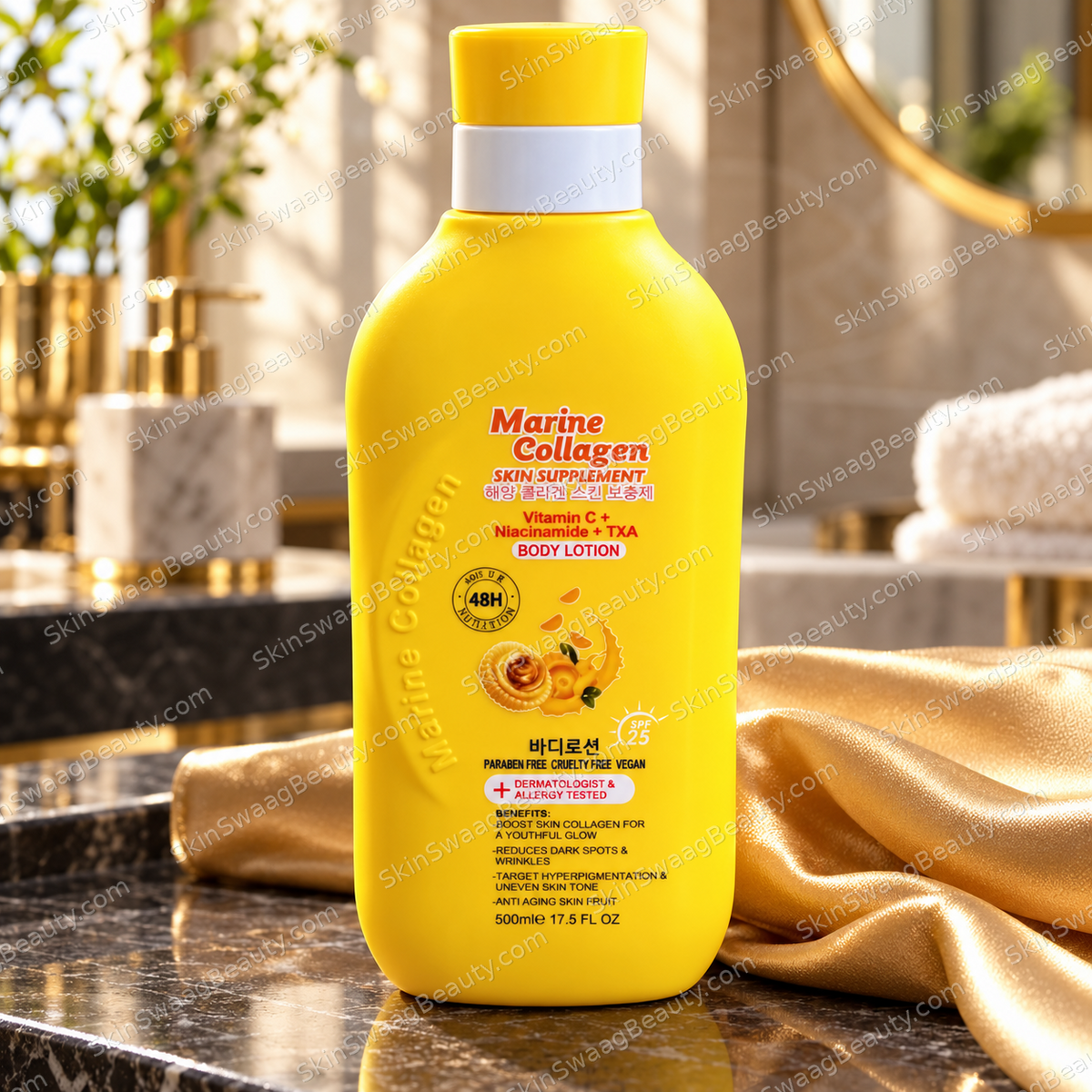 Marine Collagen Body Lotion 500 ml — single bottle on a luxury vanity; SkinSwaagBeauty.com watermark.