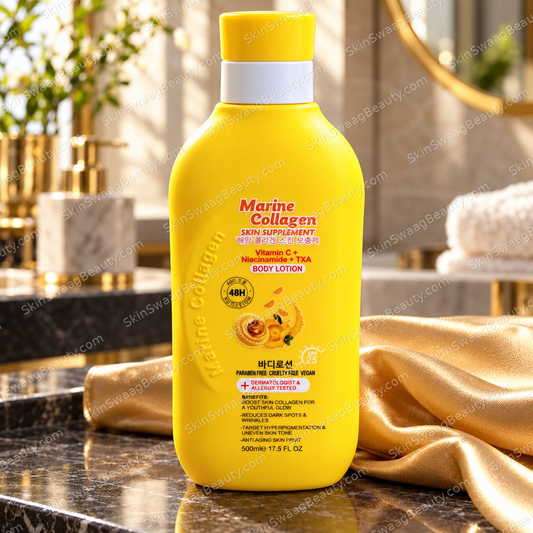 Marine Collagen Body Lotion 500 ml — single bottle on a luxury vanity; SkinSwaagBeauty.com watermark.