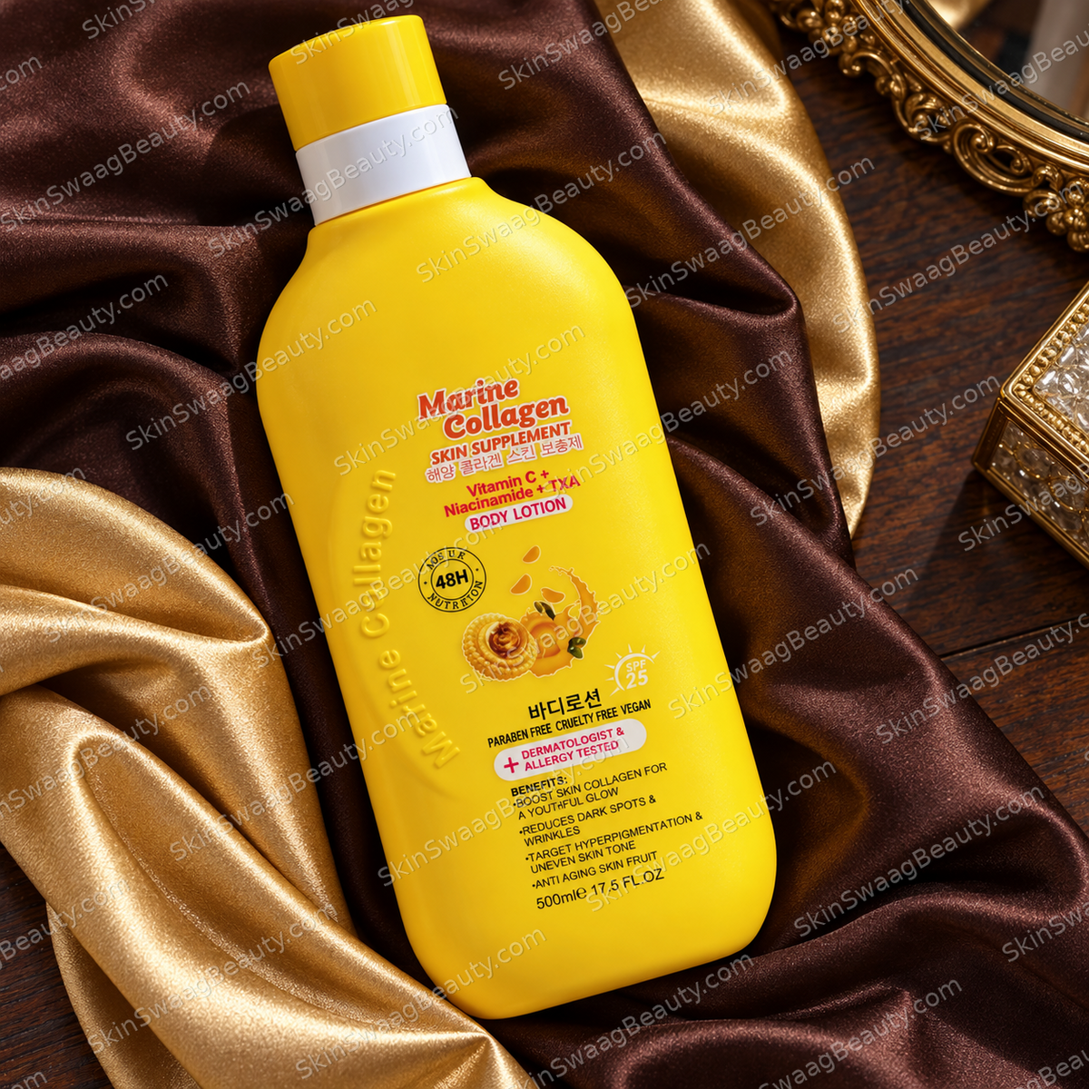 Marine Collagen Body Lotion 500 ml — bottle detail on satin; SkinSwaagBeauty.com watermark.