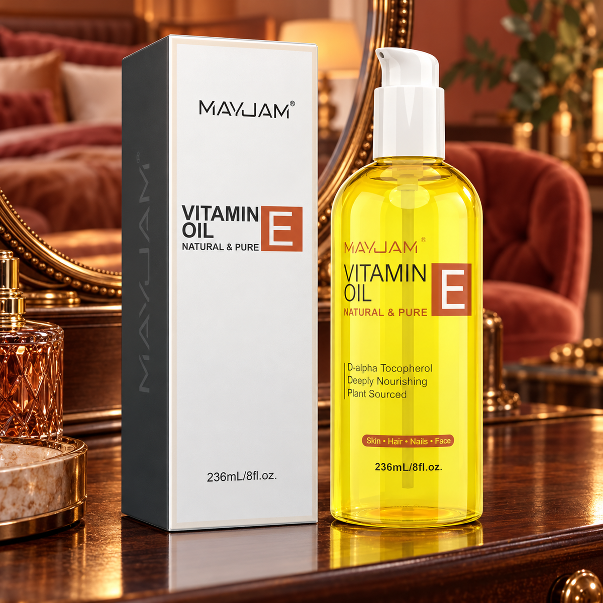 MAYJAM Vitamin E Oil 236 ml pump bottle and matching carton