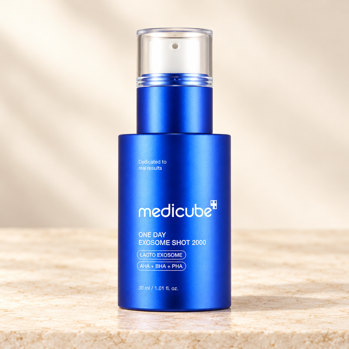 Medicube One Day Exosome Shot 2000 30 ml, exact blue bottle on a warm cream background