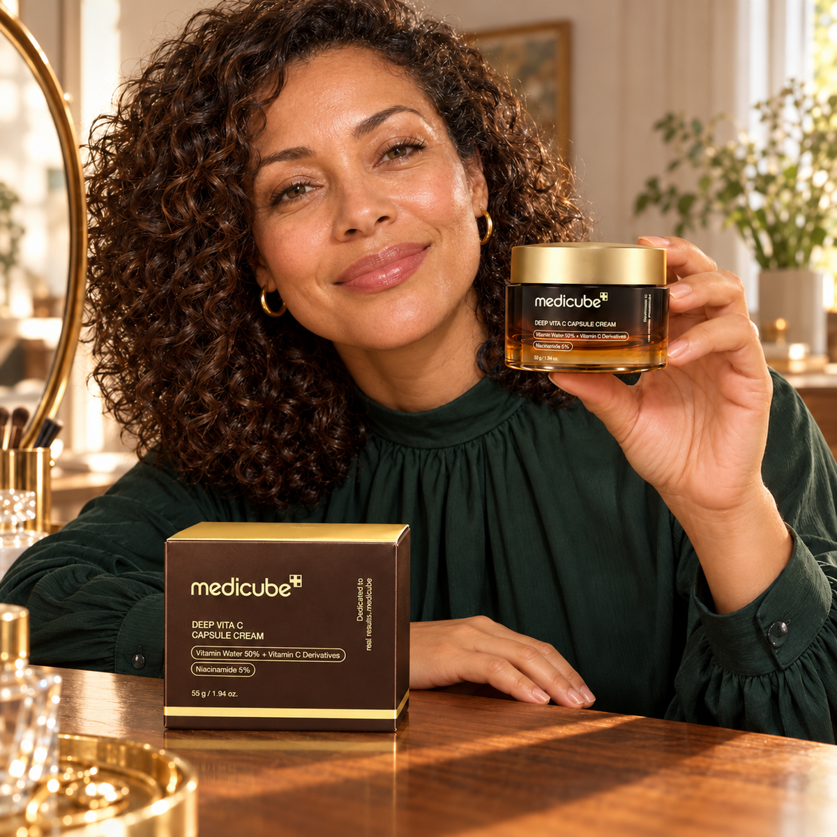 Woman actively presenting the closed Medicube Deep Vita C Capsule Cream 55g jar beside its original carton