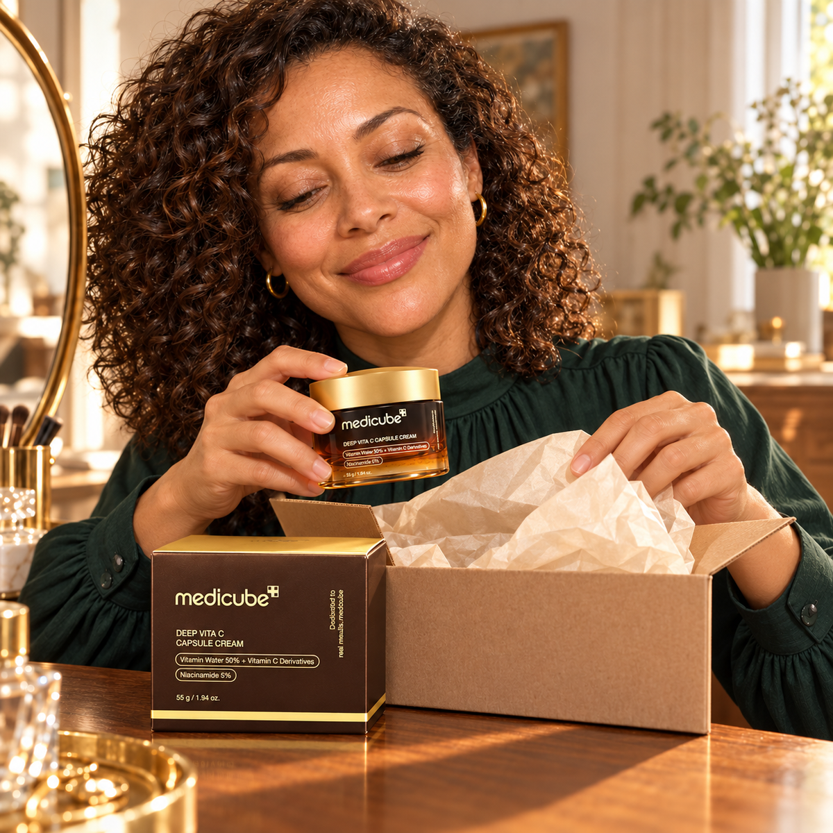 Same adult woman unpacking the closed Medicube Deep Vita C Capsule Cream 55g jar and original carton