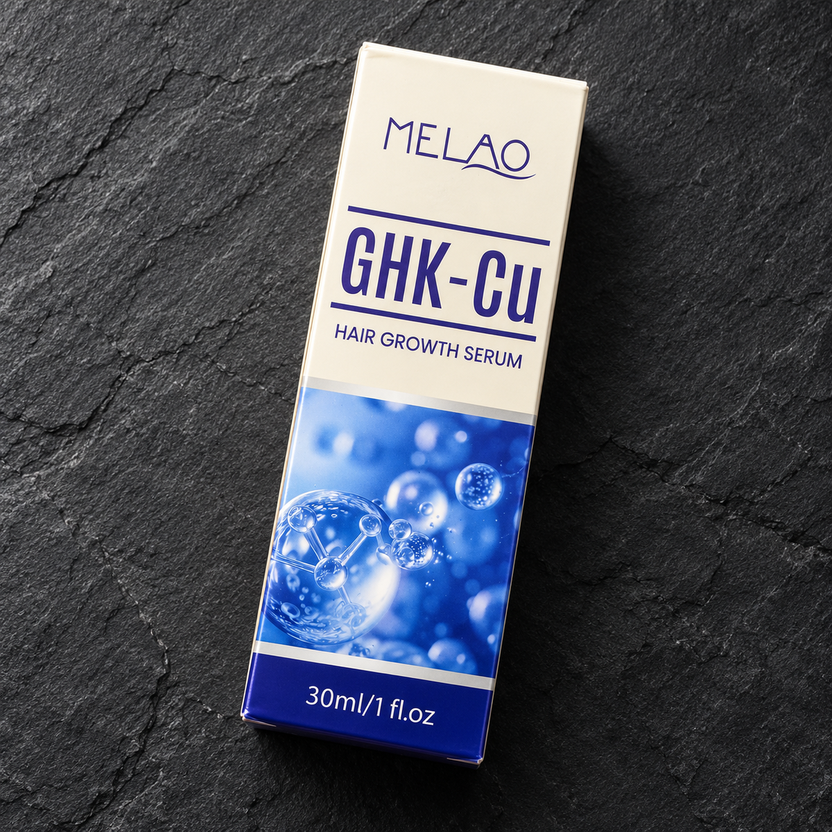 MELAO GHK-Cu Hair Growth Serum 30 ml carton, enhanced flat-lay view