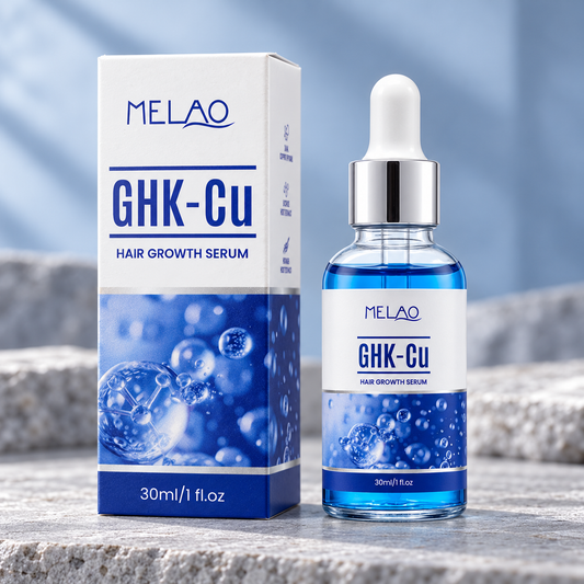 MELAO GHK-Cu Hair Growth Serum 30 ml, closed silver-and-white dropper bottle beside original carton