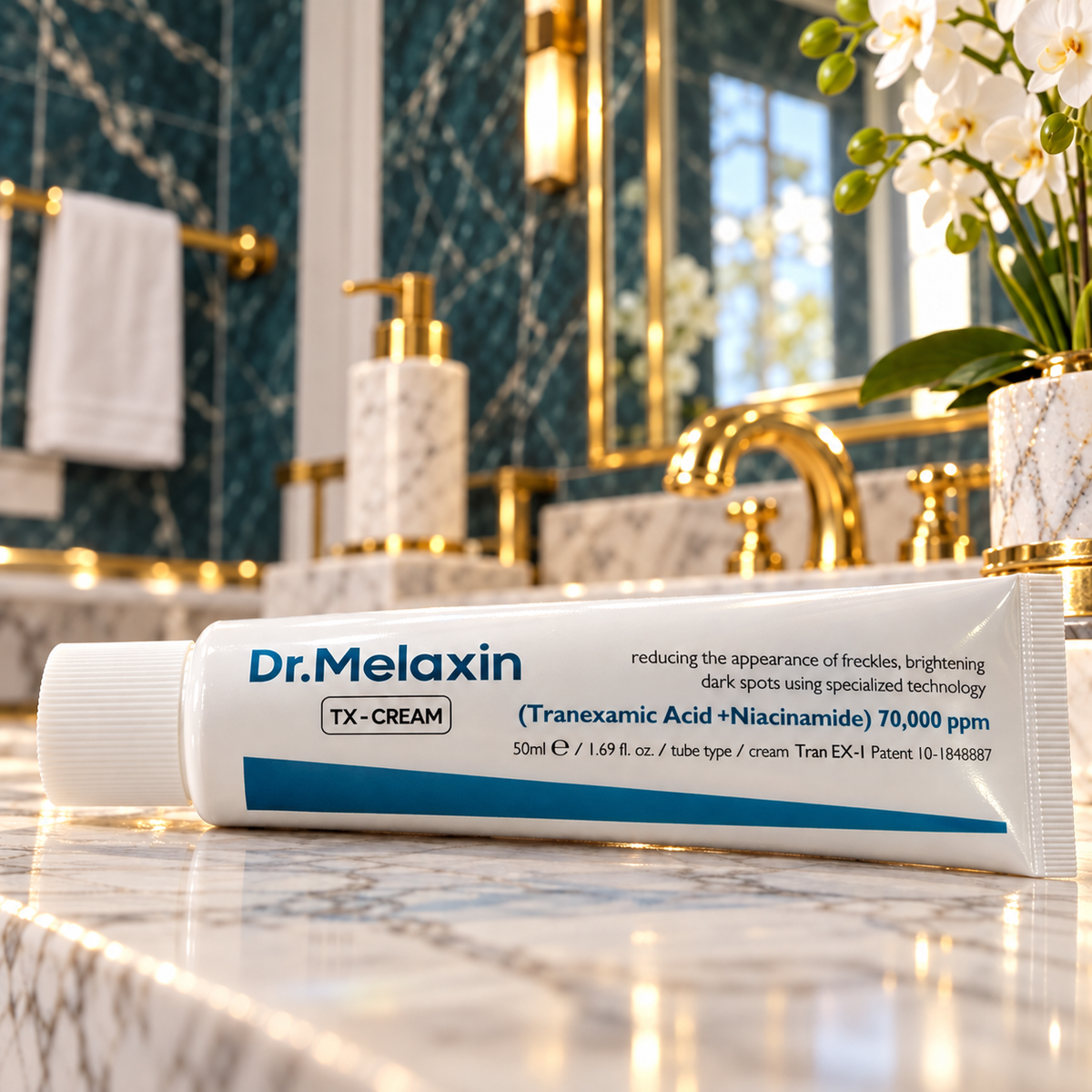 Dr.Melaxin TX-Cream 50 ml — tube on home bathroom vanity