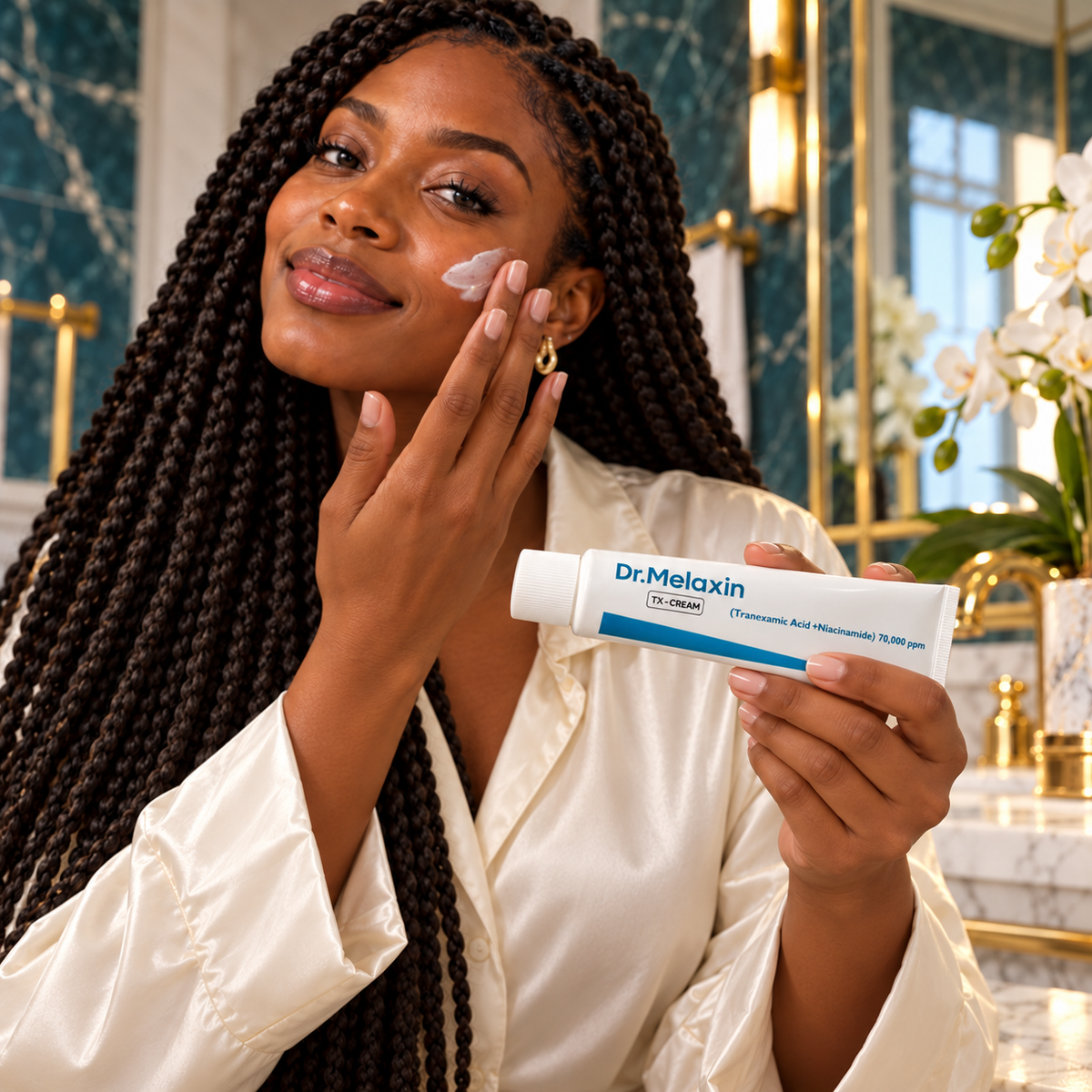 Dr.Melaxin TX-Cream 50 ml — woman gently applying face cream