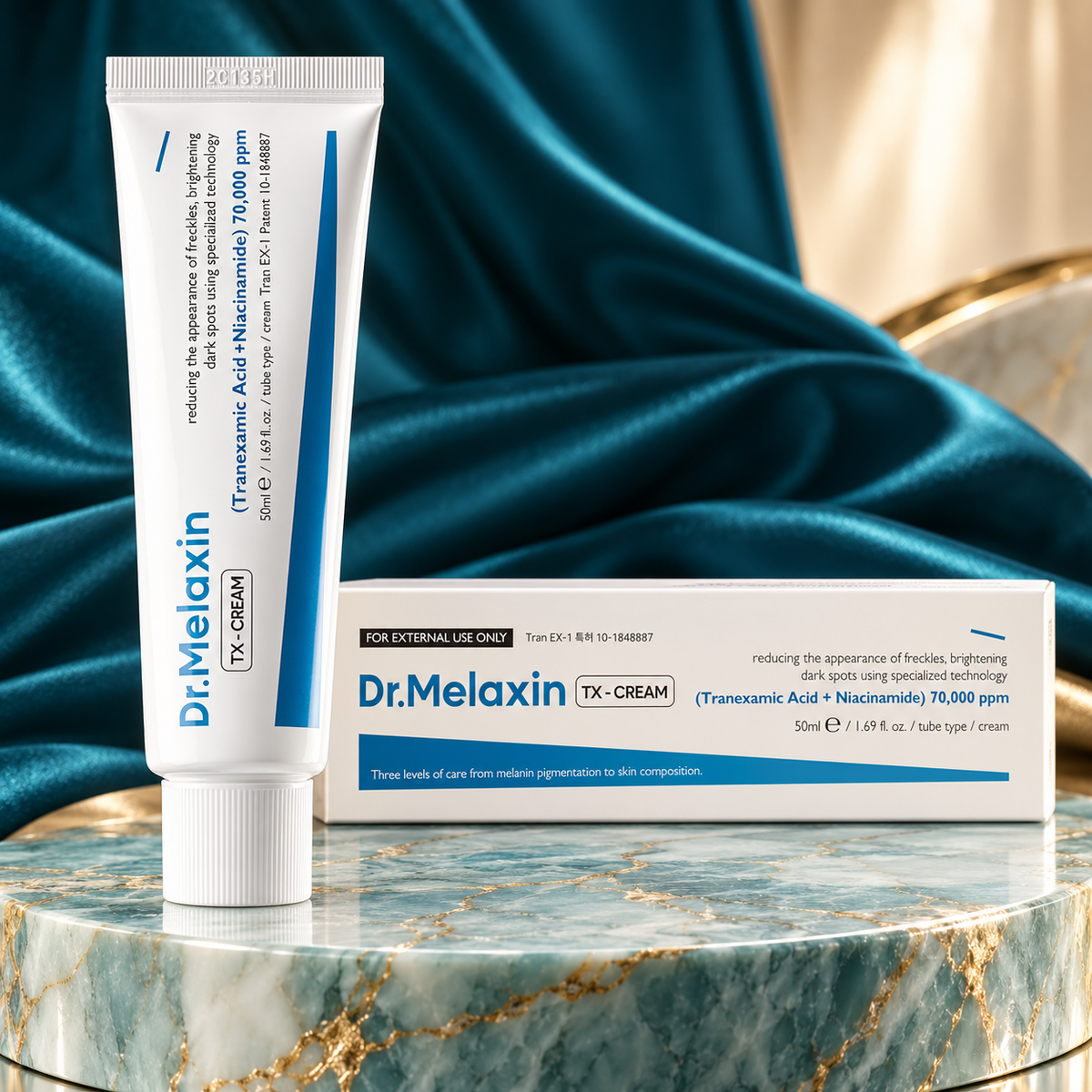 Dr.Melaxin TX-Cream — Tranexamic Acid & Niacinamide, 50 ml — close-up bottle and carton