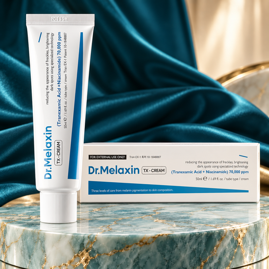 Dr.Melaxin TX-Cream — Tranexamic Acid & Niacinamide, 50 ml — close-up bottle and carton