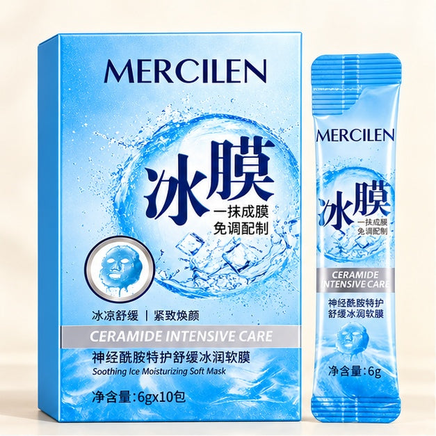 MERCILEN Ceramide Intensive Care Soothing Ice Moisturizing Soft Masks — 10 × 6 g — clear front packaging
