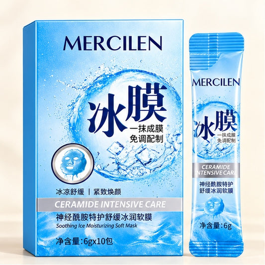MERCILEN Ceramide Intensive Care Soothing Ice Moisturizing Soft Masks — 10 × 6 g — clear front packaging