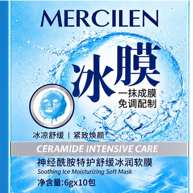 MERCILEN Ceramide Intensive Care Soothing Ice Moisturizing Soft Masks — 10 × 6 g — label detail