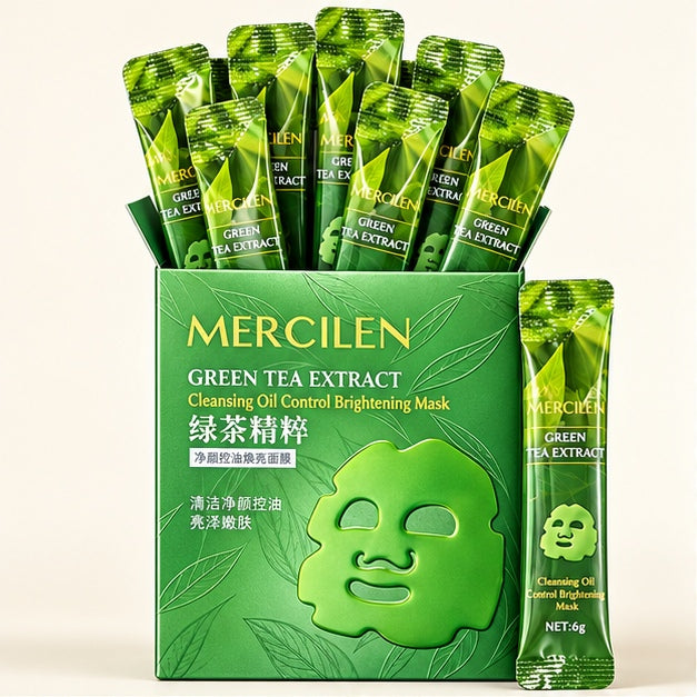 MERCILEN Green Tea Extract Cleansing Oil Control Brightening Masks — 10 Sachets — clear front packaging