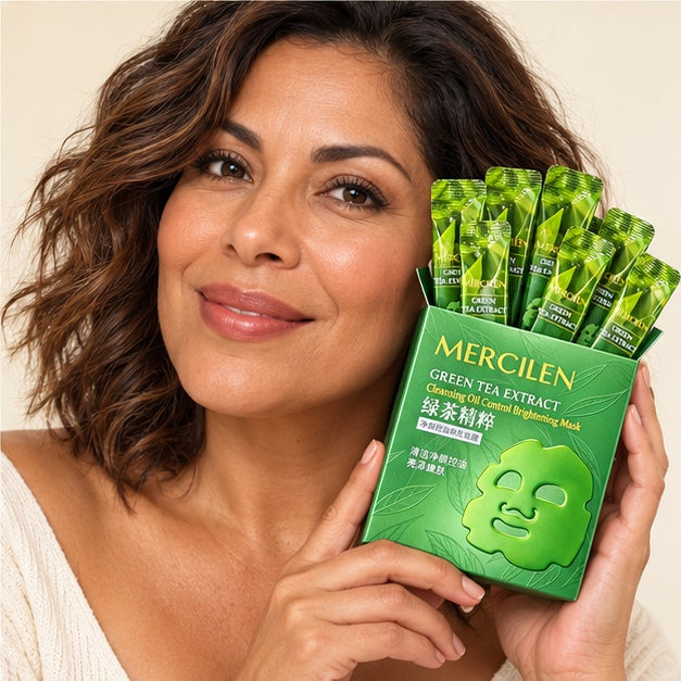 MERCILEN Green Tea Extract Cleansing Oil Control Brightening Masks — 10 Sachets — lifestyle portrait with product