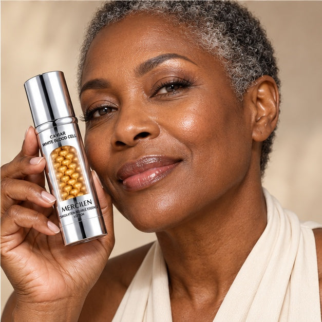 MERCILEN Caviar White Blood Cell Coagulation Double Essence Lotion — 50 g — lifestyle portrait with product