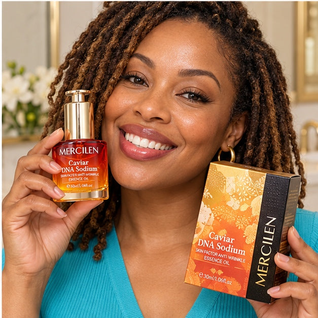 MERCILEN Caviar DNA Sodium Essence Oil — 30 ml — model holding the product