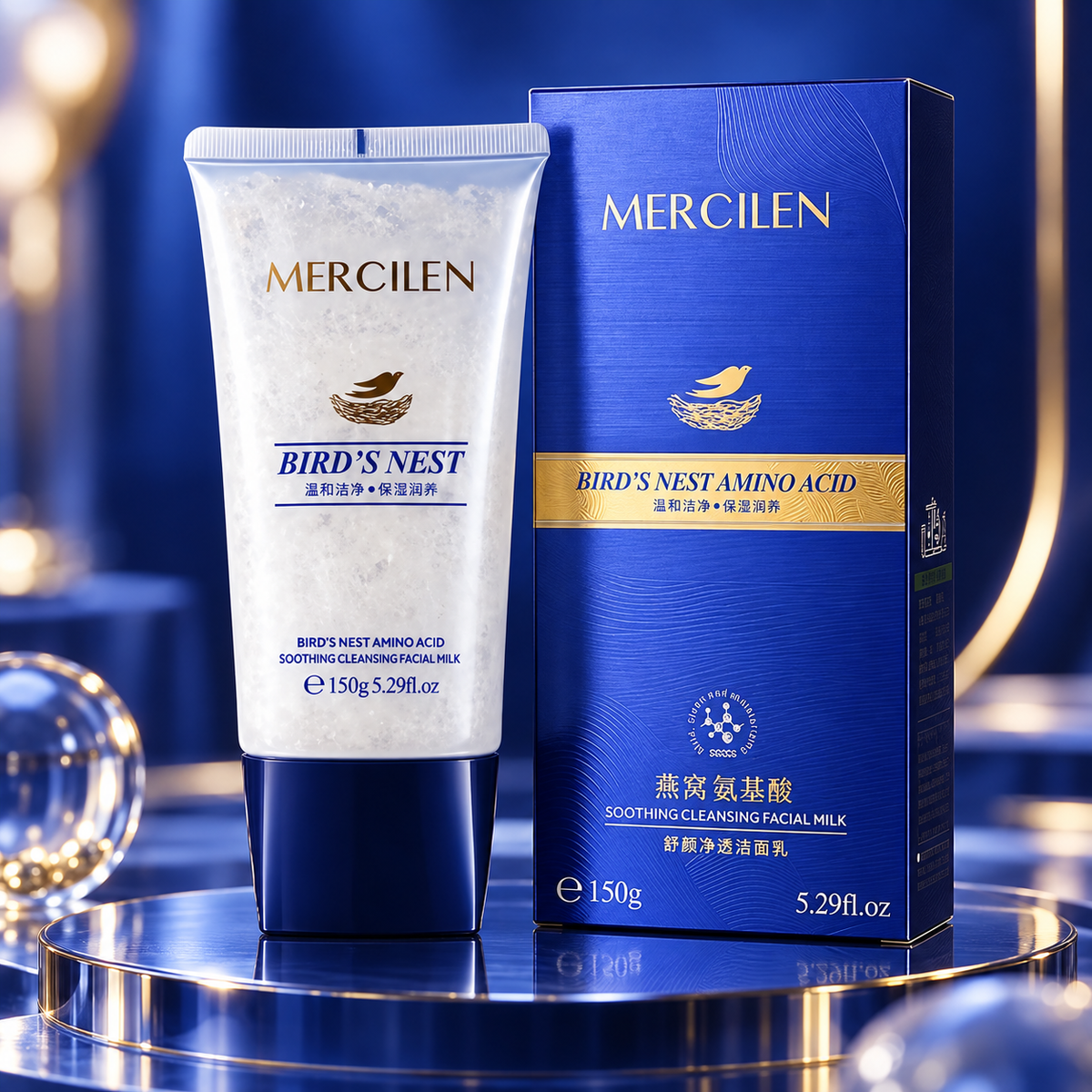 MERCILEN Bird's Nest Amino Acid Cleansing Facial Milk 150 g with matching carton, styled editorial 1