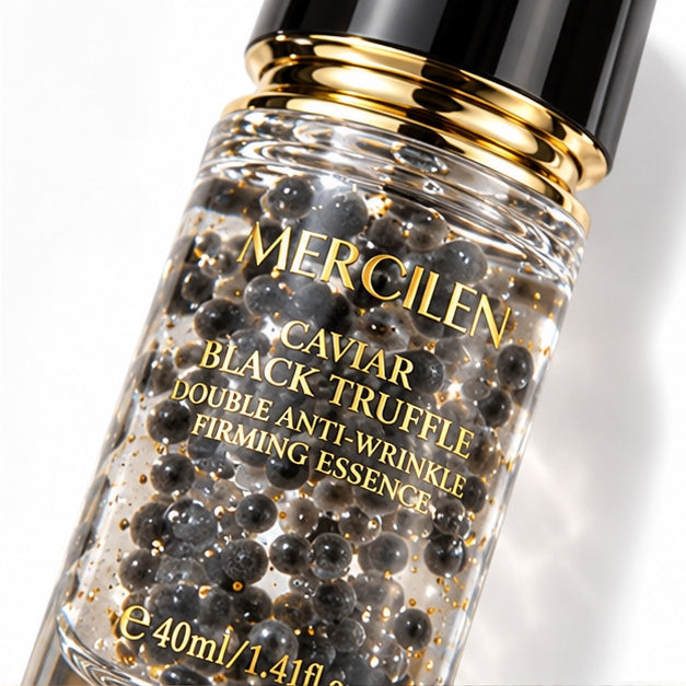 MERCILEN Caviar Black Truffle Double Anti-Wrinkle Firming Essence — label closeup