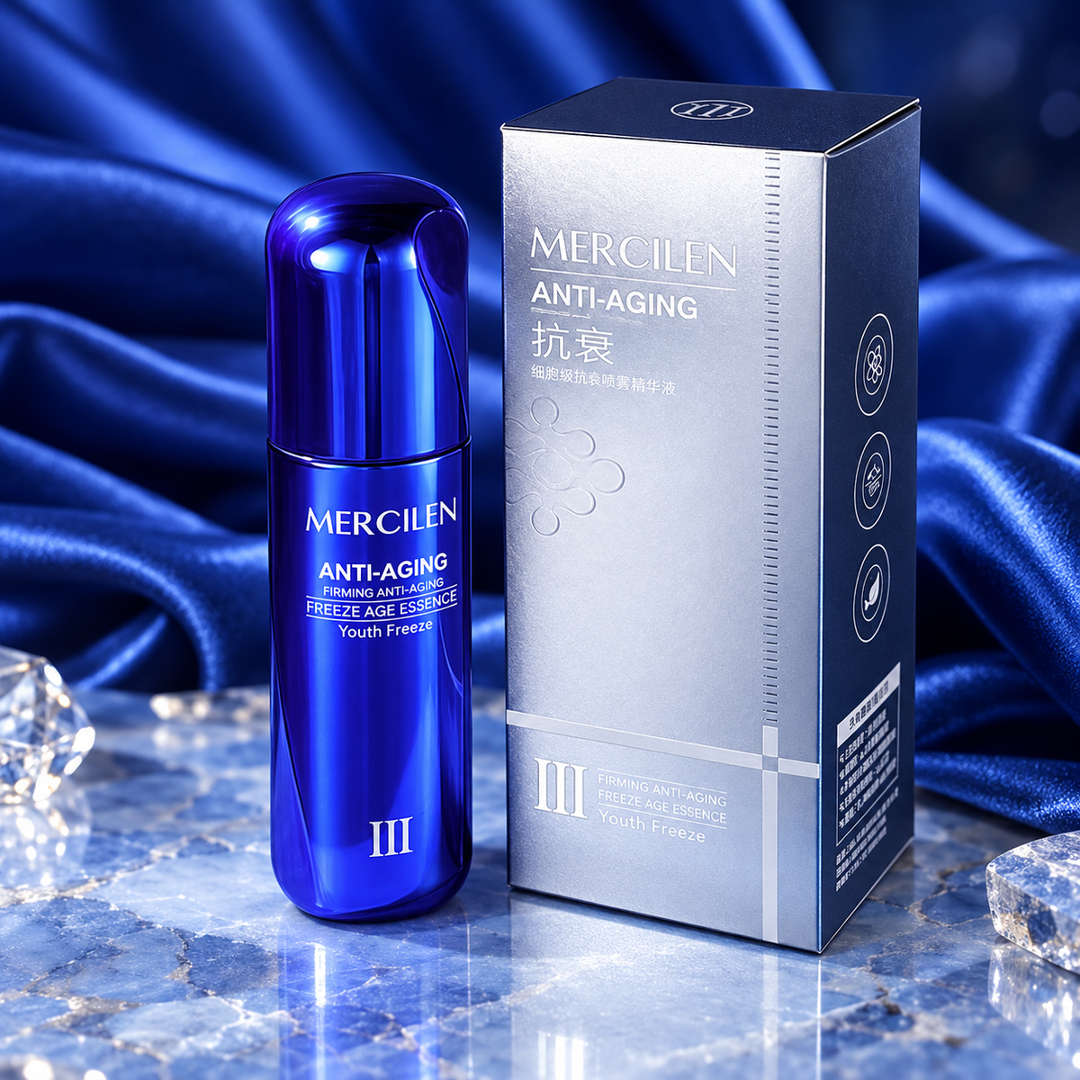 MERCILEN Freeze Age Essence III blue bottle and matching silver carton, styled sapphire editorial