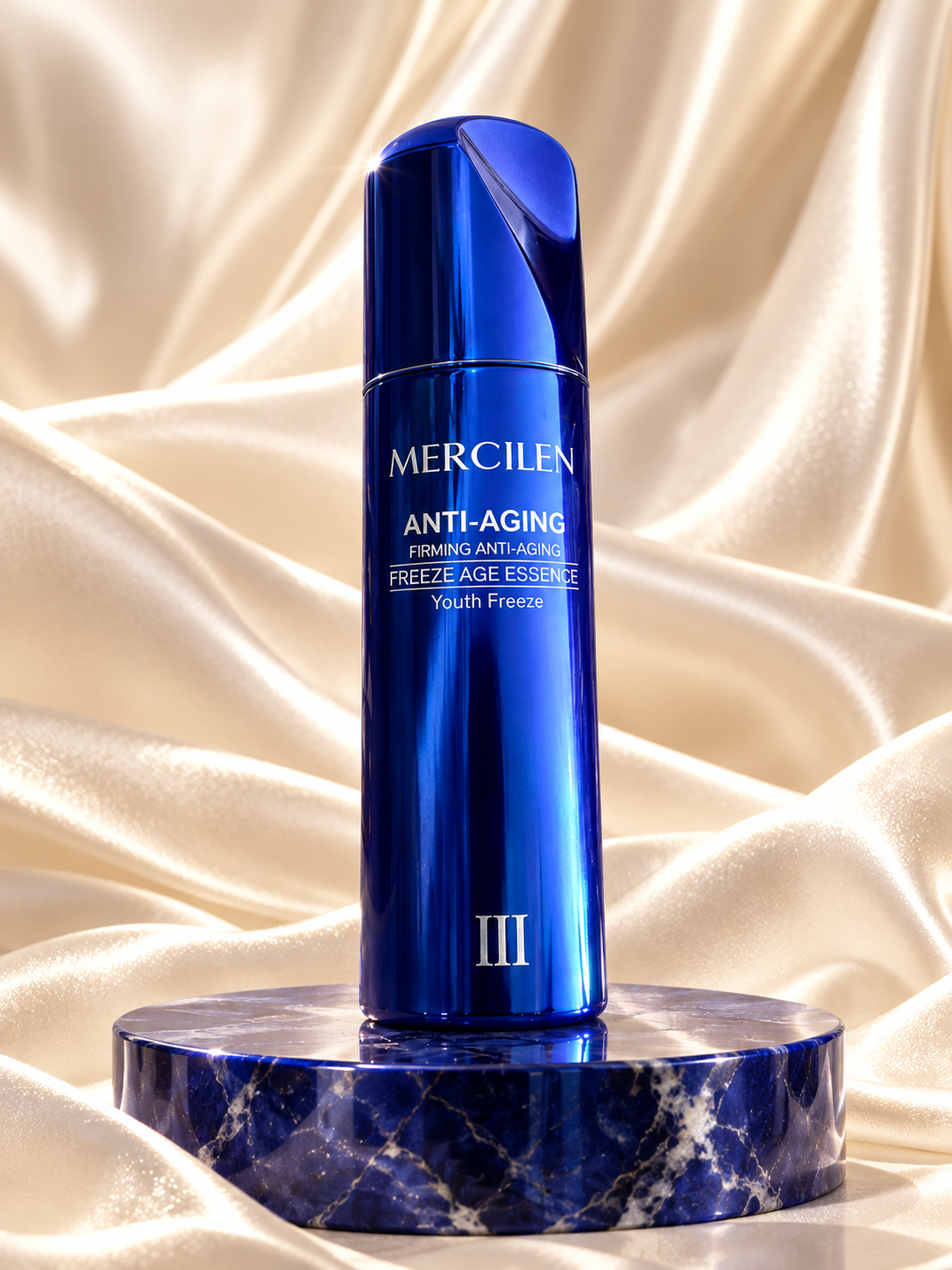 MERCILEN Freeze Age Essence III sapphire blue bottle, styled editorial 1