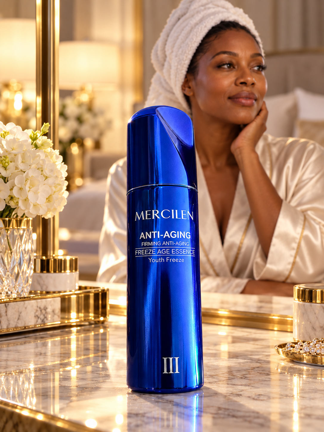 MERCILEN Freeze Age Essence III sapphire blue bottle, styled editorial 2
