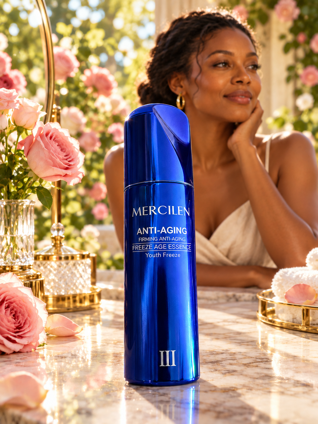 MERCILEN Freeze Age Essence III sapphire blue bottle, styled editorial 3