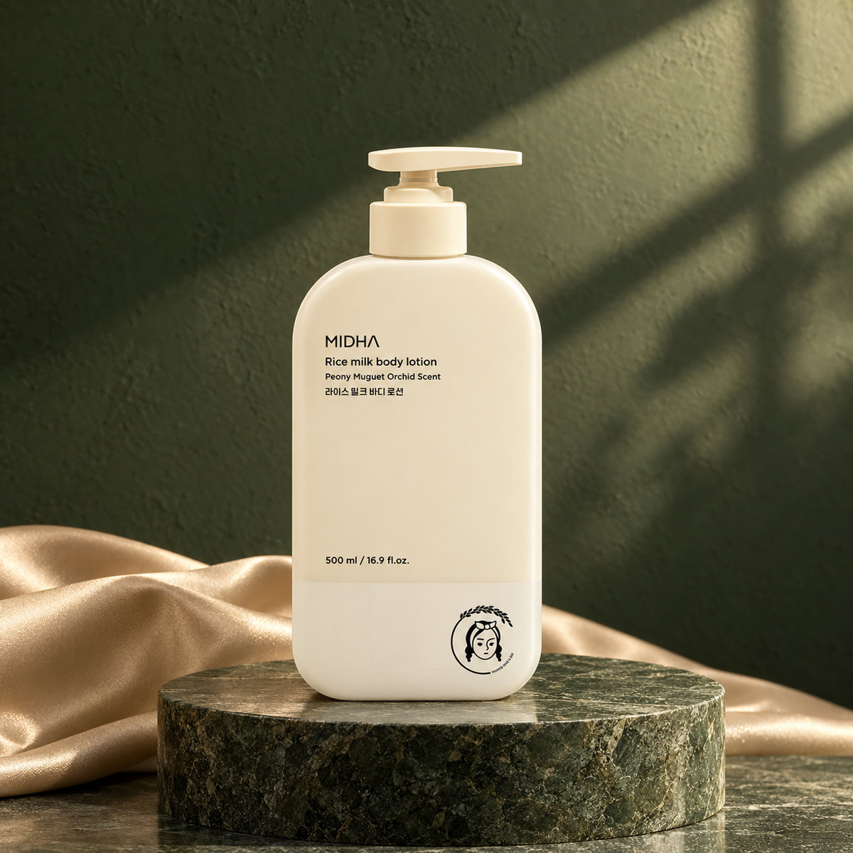 MIDHA Rice Milk Body Lotion 500 ml on a green marble plinth; AI-styled product presentation.