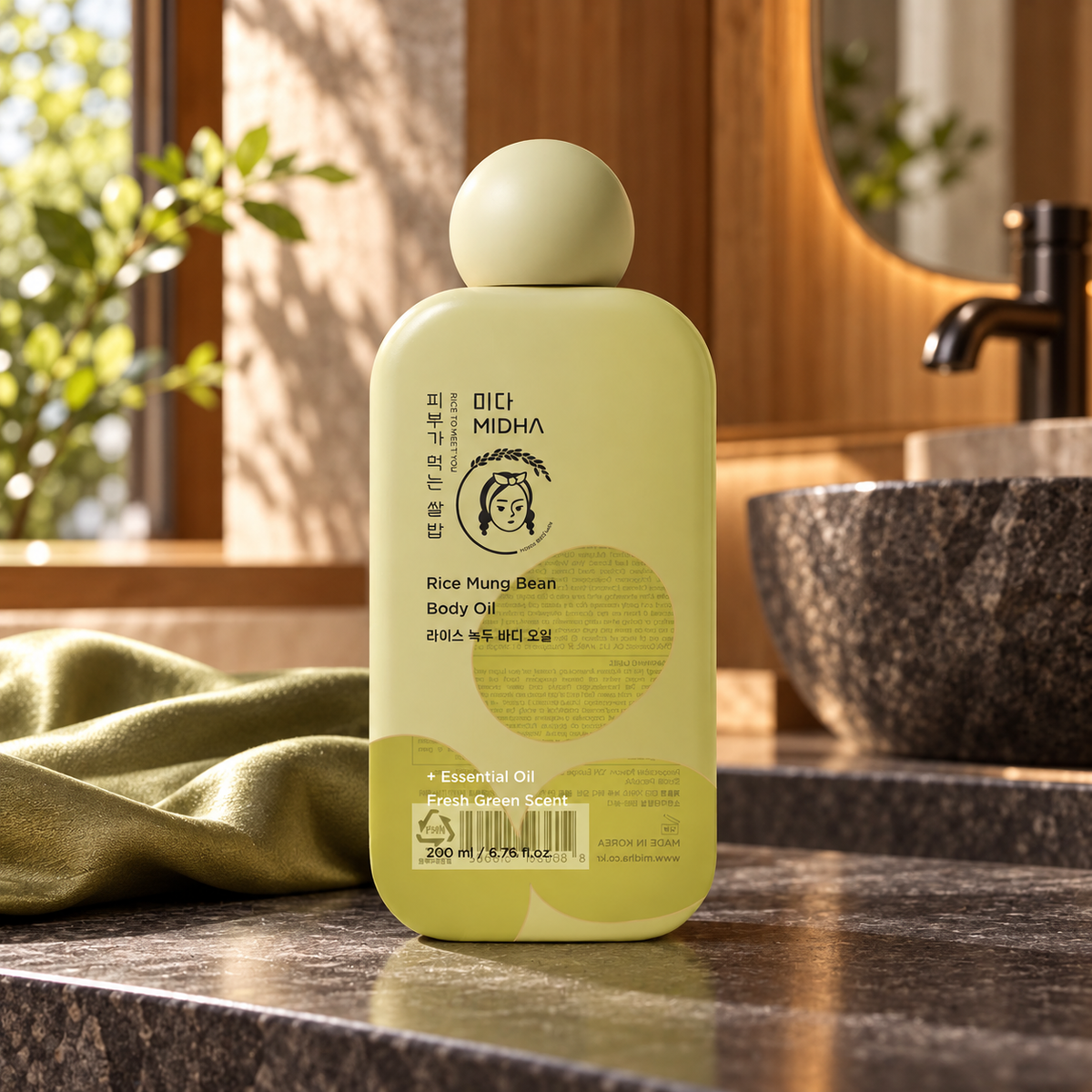 MIDHA Rice Mung Bean Body Oil — 200 ml — product-focused studio view; props not included.